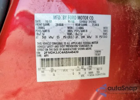 2010 Ford Edge Sel from USA, damaged, VIN 2FMDK3JC4ABA48439